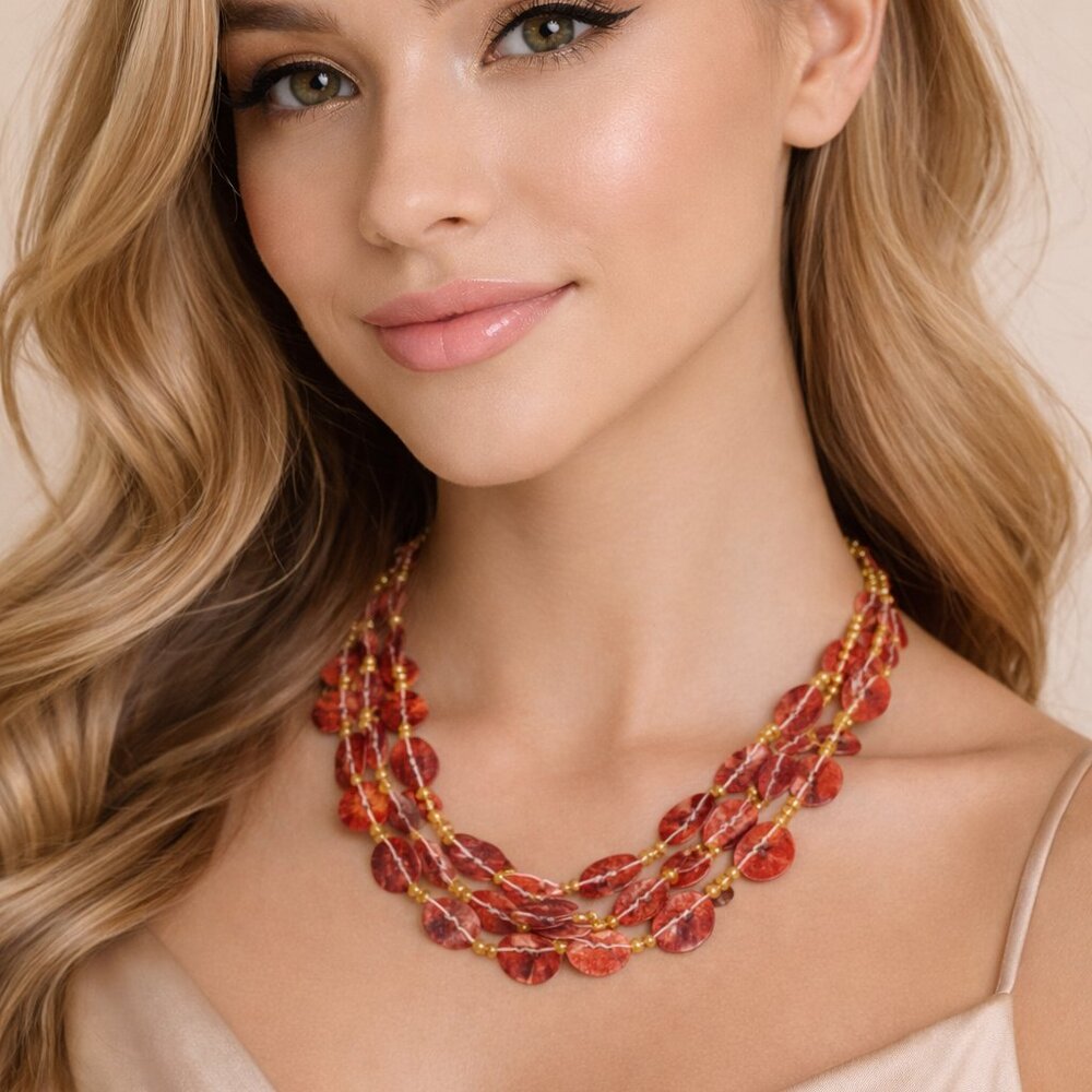 Coldwater‎ Creek Stamped Red and Gold Button Necklace